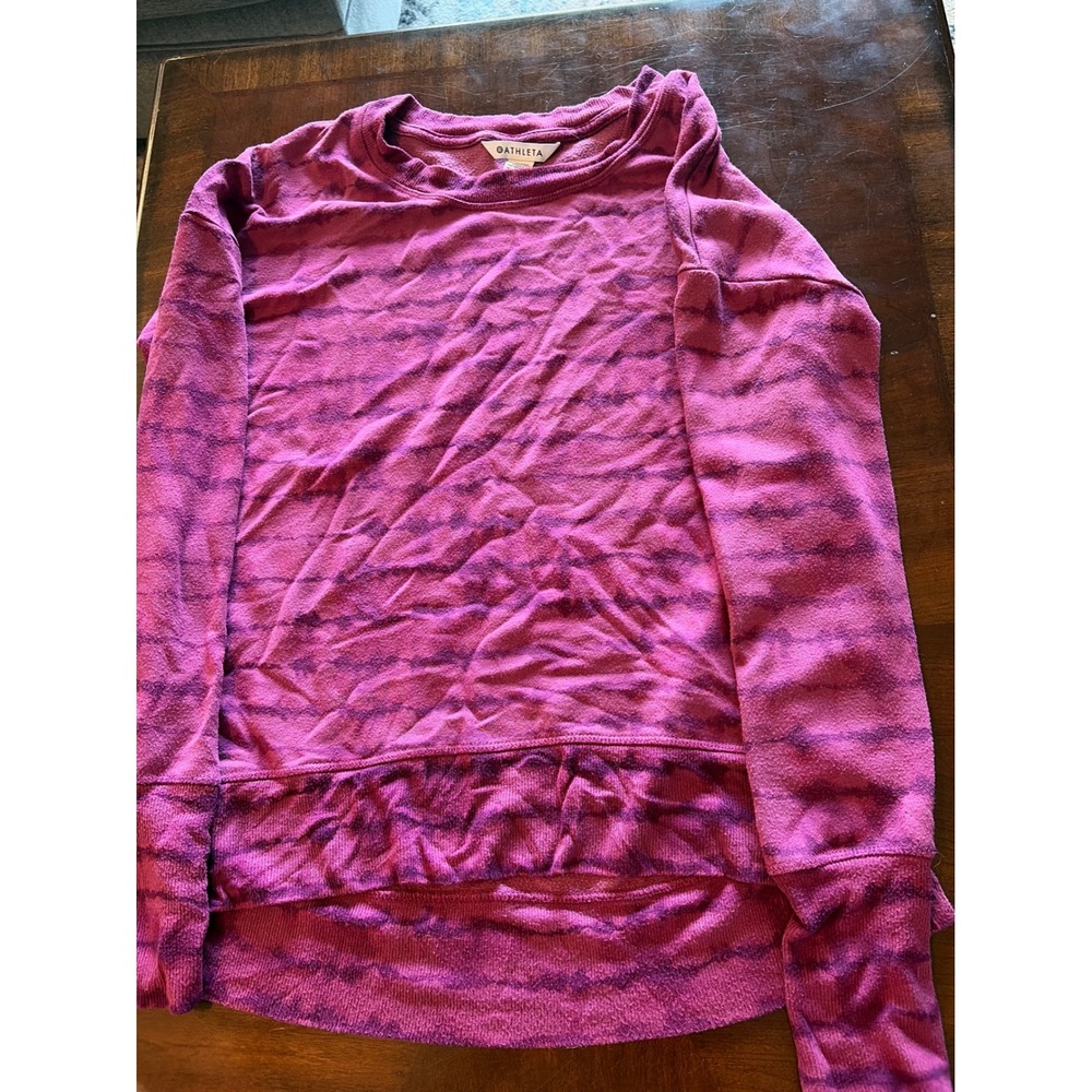 Athleta Womens Pink Purple Striped High Low Fleece Sweatshirt Thumbholes Size S